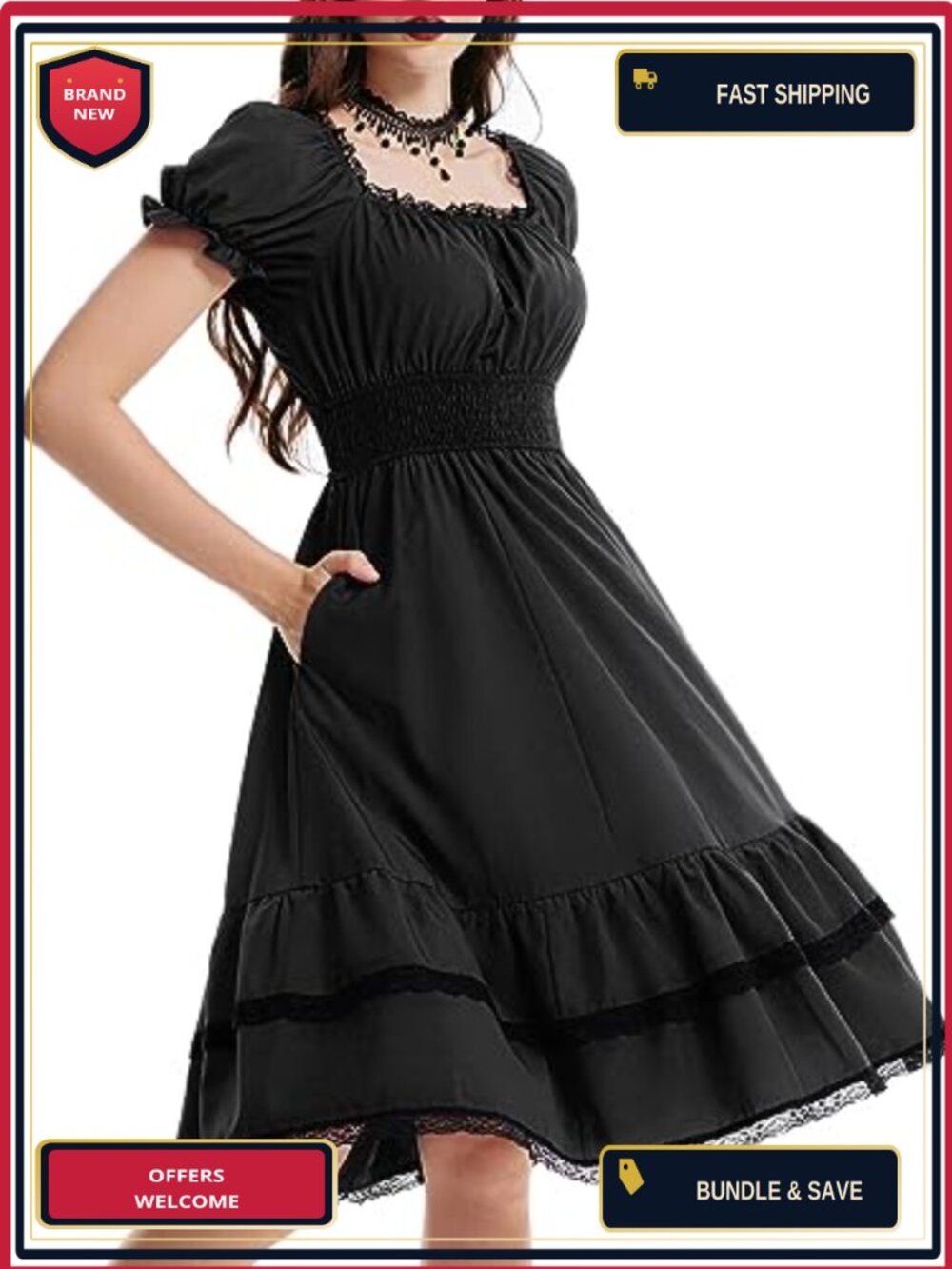 Gothic Pirate Corset A-Line Midi Dress with Pockets Puff Sleeve